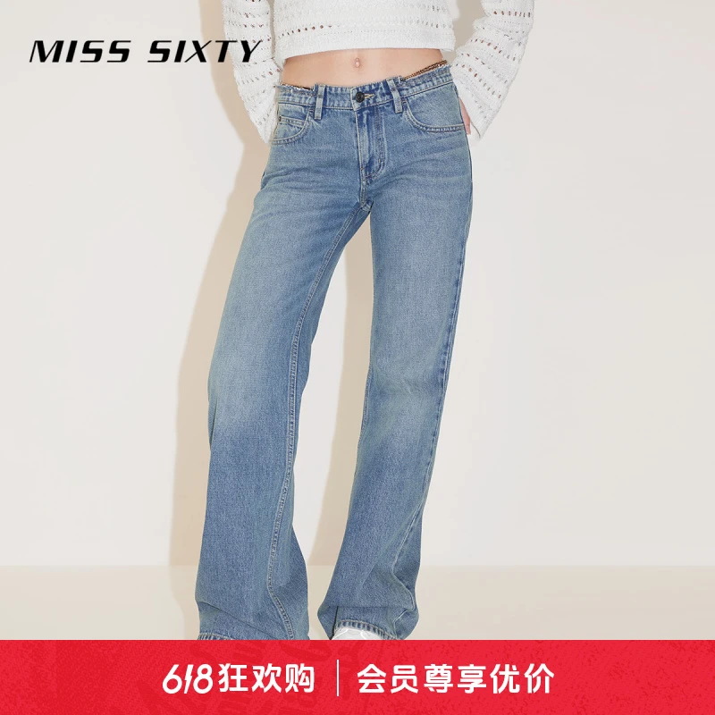 Miss Sixty2024春季新款牛仔裤女复古微喇腰链设计感高街个性休闲