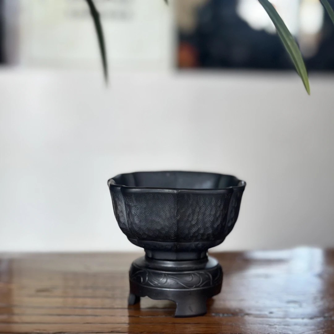神农陶瓷天青小口杯黑陶养生杯（花瓣主人杯）品茗杯