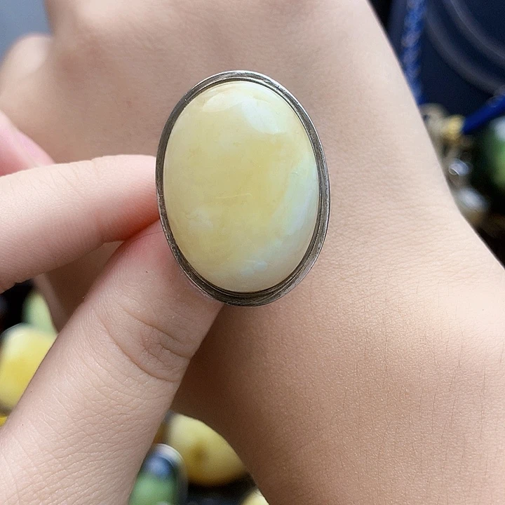 银S925镶嵌琥珀裸石戒指