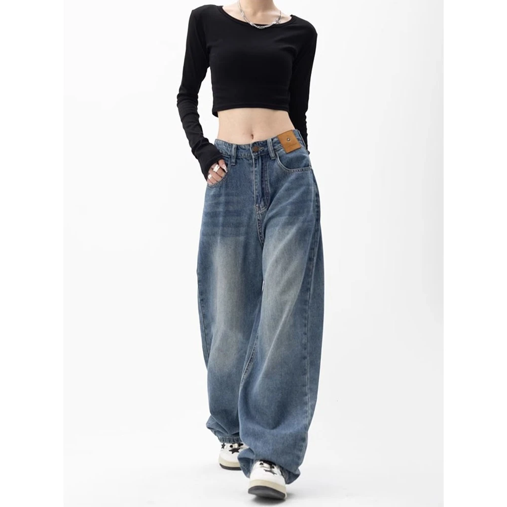 大码精致阔腿牛仔裤女高腰显瘦设计感直筒长裤夏季梨形身材裤子女