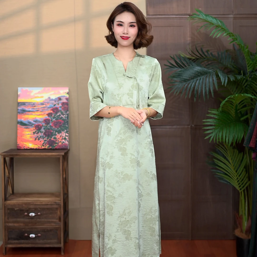 8546[品尚]春夏季新款个性盘口领口显瘦收腰洋气长款中老年连衣裙