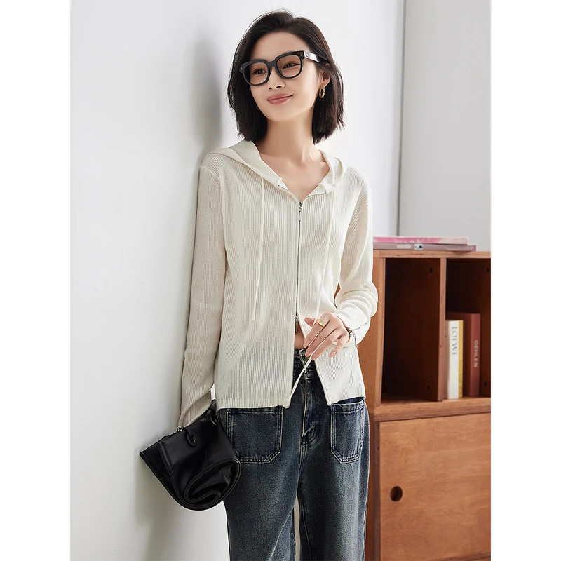 衣品乐连帽毛衣女秋季薄款2023款慵懒风内搭针织衫上衣B7188