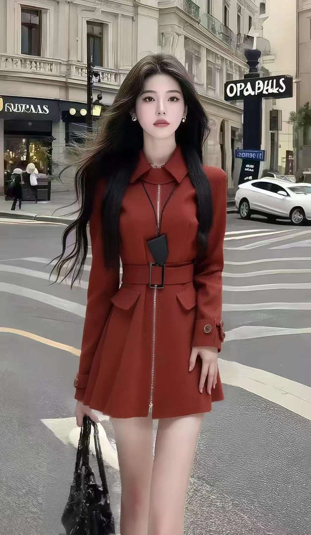 新款秋季法式小香风红色翻领长袖收腰系带设计感连衣裙显瘦高级感