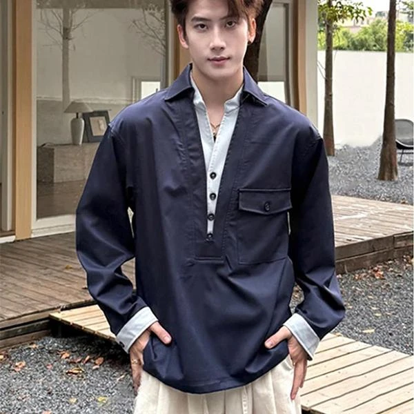 藏青色假两件V领长袖衬衫男秋季高级感痞帅韩系穿搭宽松休闲上衣