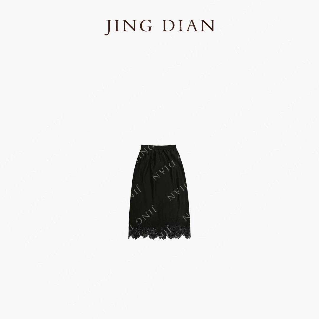 【JINGDIAN】定制款天丝醋酸黑色开叉拼接半裙  百搭休闲时尚松紧腰