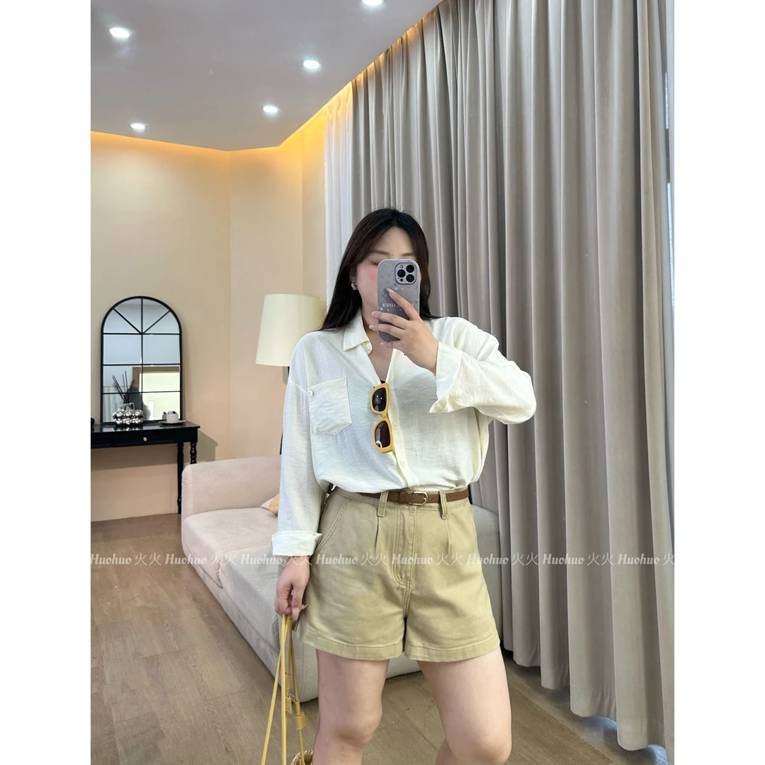 【火火】2025年新款休闲宽松长袖衬衫衣韩版米杏色色百搭薄外套女