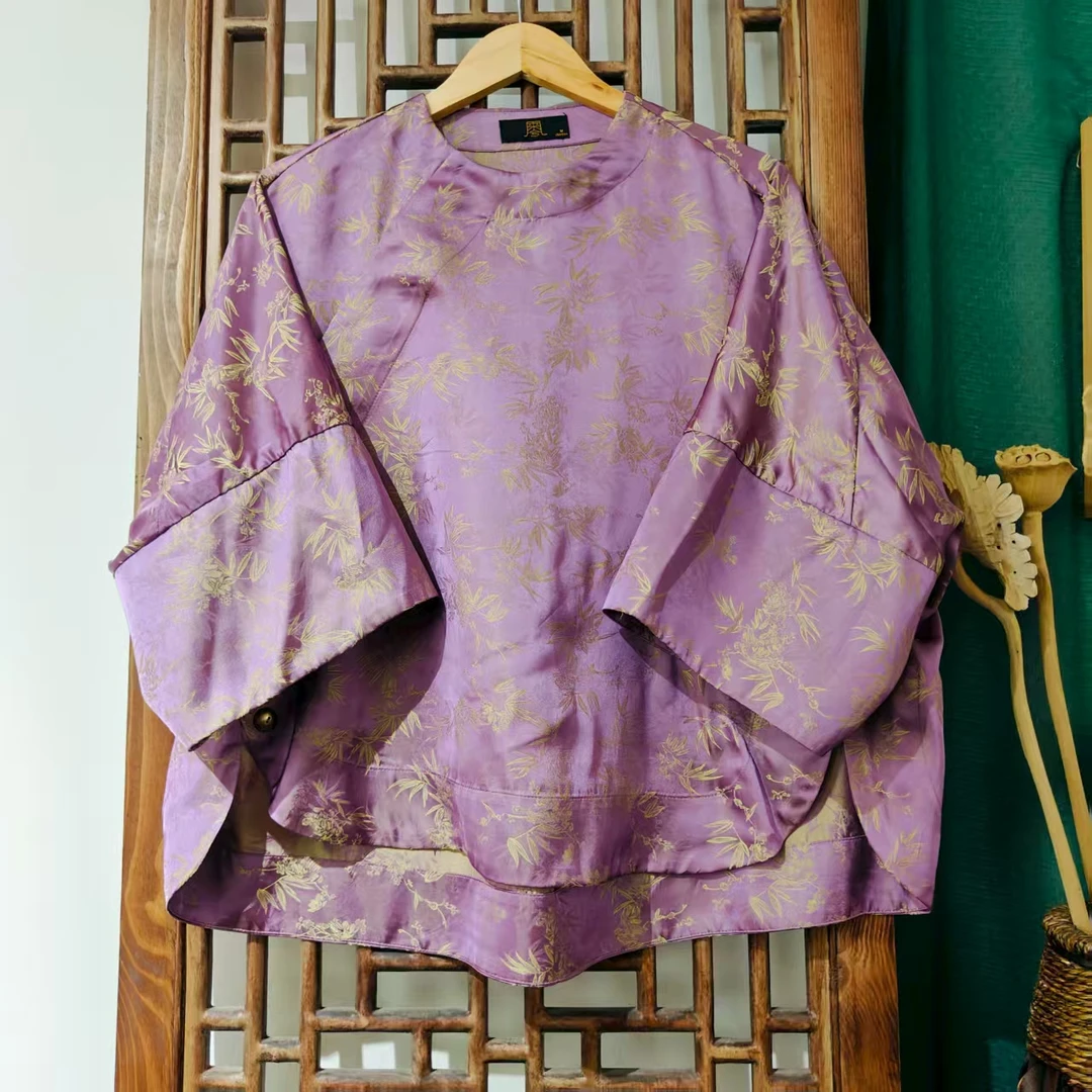 （ LS716）凤徕兮私人定制香芋紫底竹叶花暗纹斜襟圆领短上衣