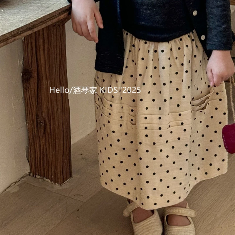 女童复古波点设计感腰裙春季新品女宝宝可爱中长款半身裙洋气百搭