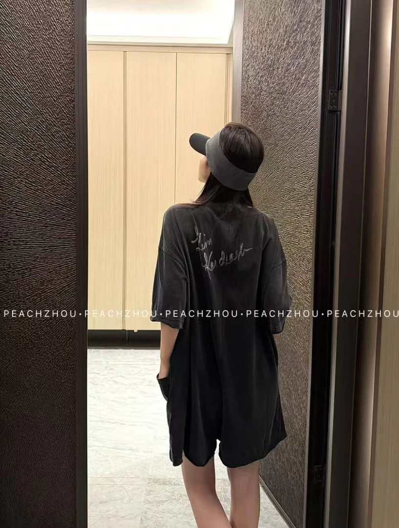 『现货』插袋'手写体签名'宽松美式休闲洋气圆领短袖连体短裤