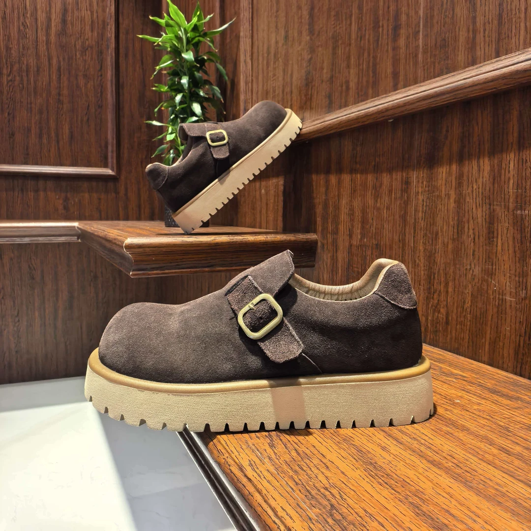 鞋子男士轻奢反绒皮一脚蹬轻便舒适厚底增高复古圆头大头德比鞋