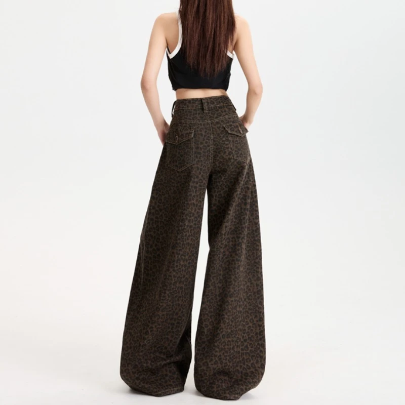 春夏美式高街豹纹直筒牛仔裤女2025新款慵懒垂感宽松大裤脚阔腿裤