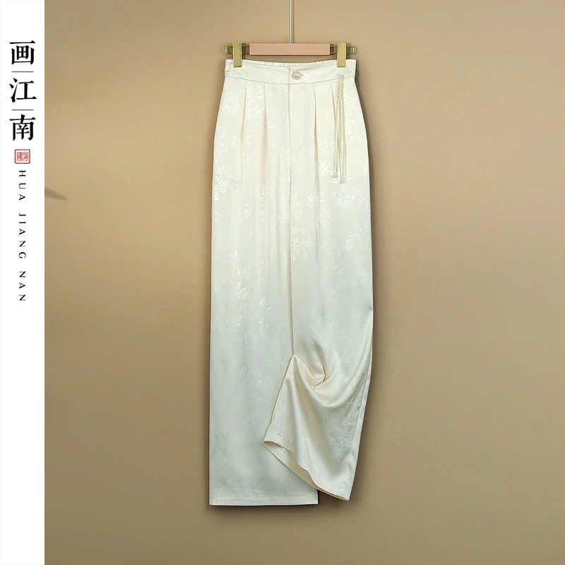 【清露】2024新款中式休闲裤女宽松国风松紧腰直筒提花夏季裤子女款