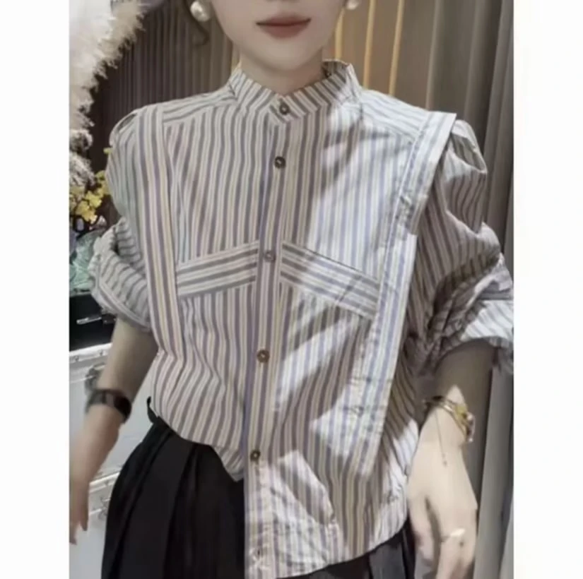 2025年春款条纹立领长袖衬衫女时尚洋气衬衣短款气质上衣潮流