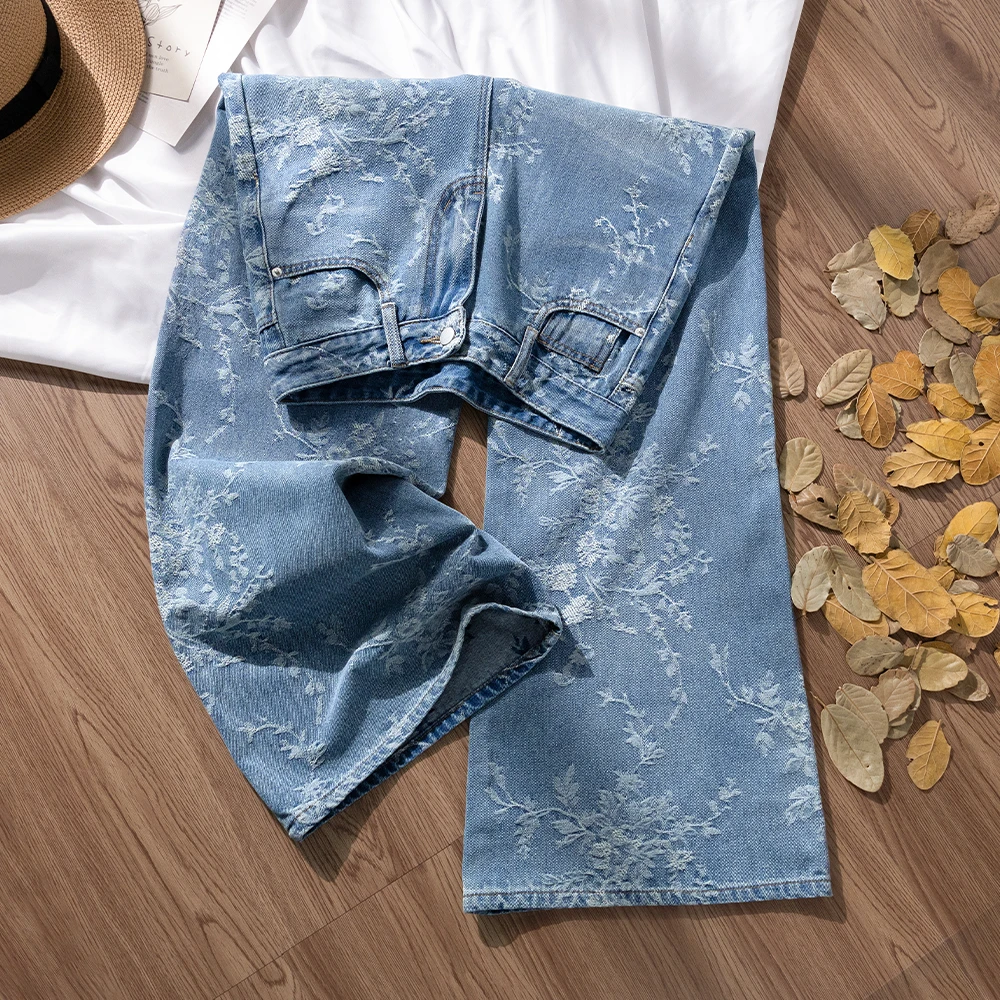 提花直筒窄版阔腿裤女2025年夏季刺绣印花绣花高腰薄款垂感牛仔裤