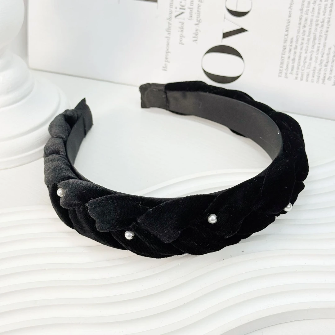 a280气质百搭温柔黑色丝绒绒珠珠褶皱感发箍