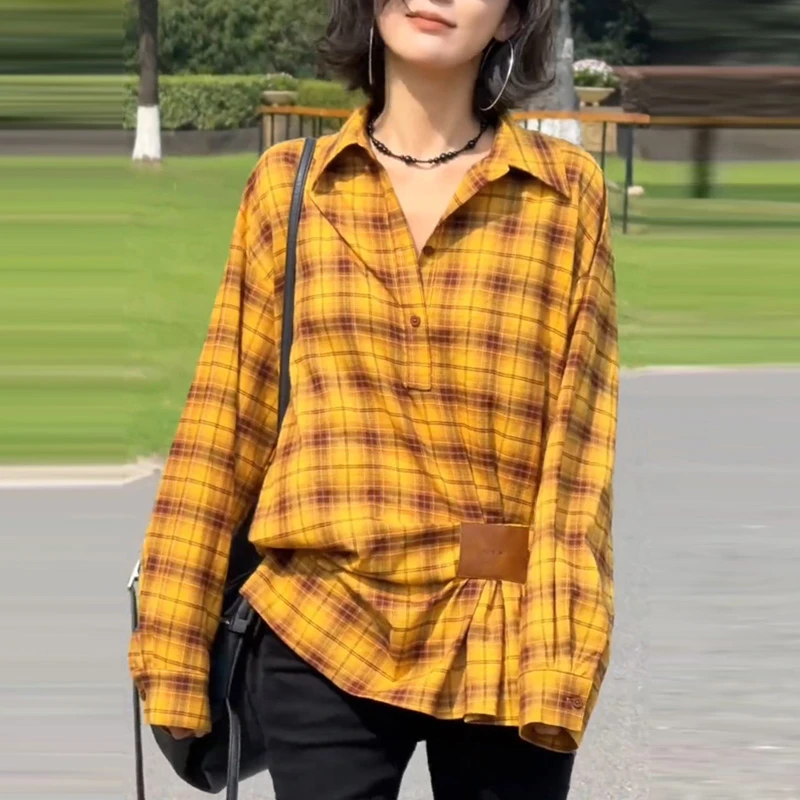 港风复古气质格纹长袖衬衫女装2025秋冬新款小众宽松百搭收腰上衣