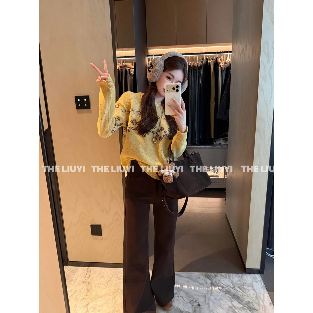 【LIUYI】燕麦拿铁~冬季加绒加厚咖色微喇高腰显瘦牛仔裤510222