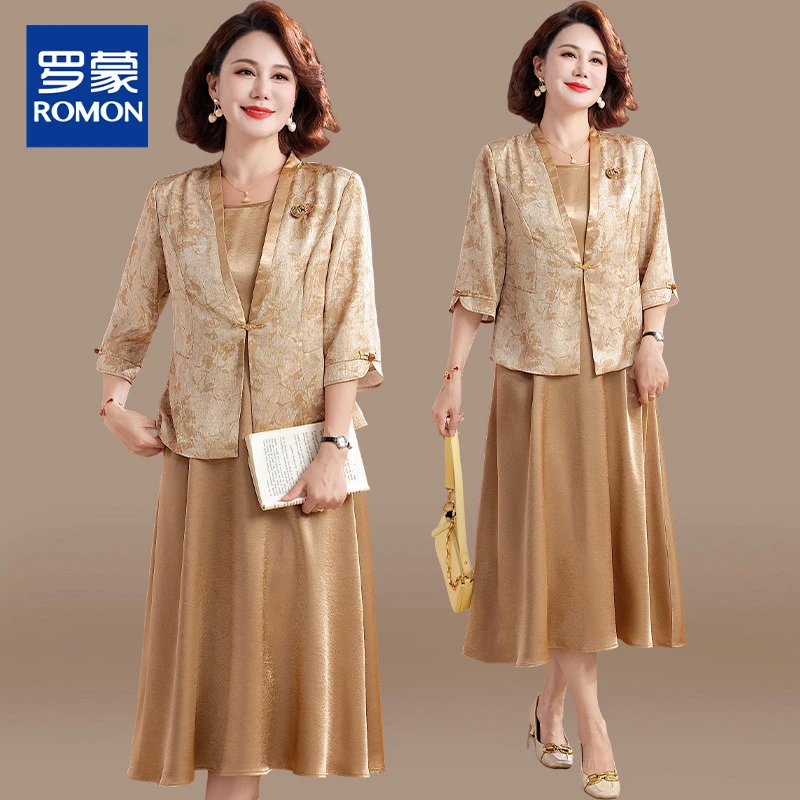 妈妈秋装连衣裙贵夫人端庄大气套装裙子中老年女春秋国风开衫外套