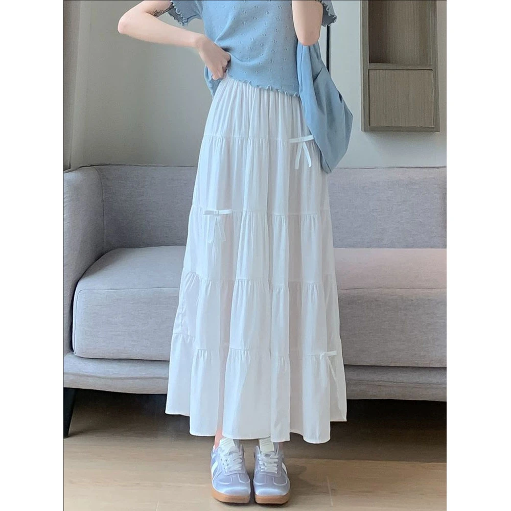 【现货】松紧高腰气质显瘦遮肉长款垂感褶皱蝴蝶结蛋糕裙夏季新款女