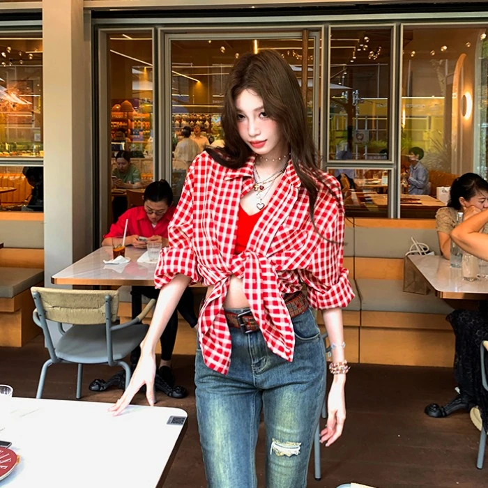 红色格子polo领长袖衬衫女夏季防晒外套绑带宽松衬衣气质开衫上衣