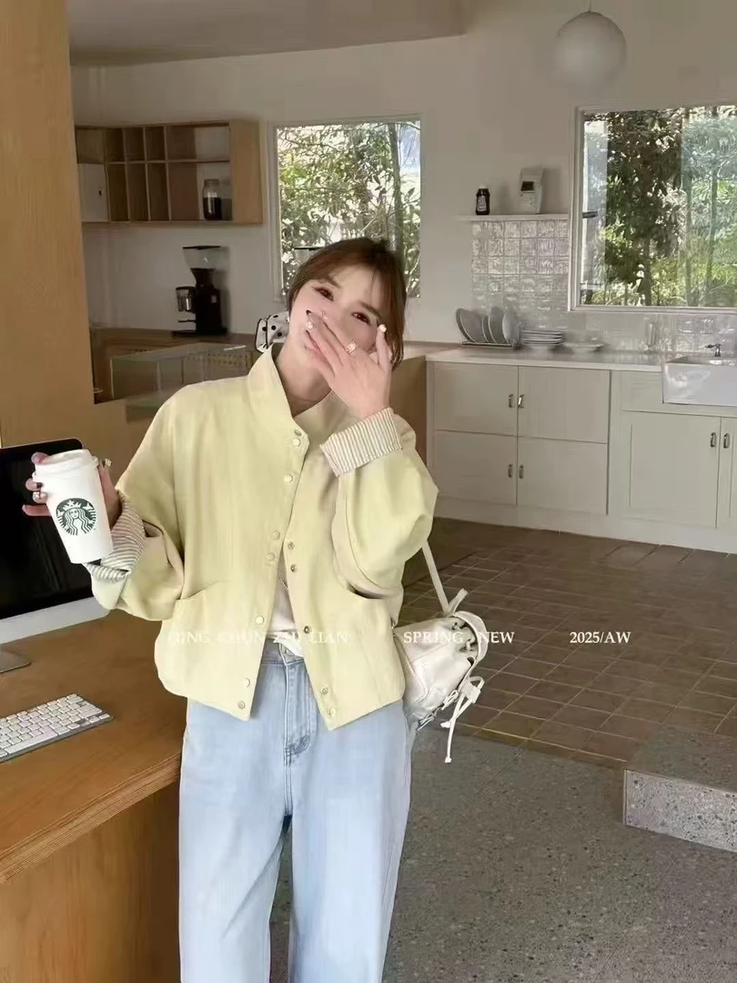 【010】设计袖口拼接夹克条纹外套春季新款休闲短外套立领上衣新品