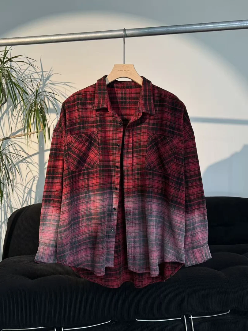 早秋男士街头风格纹衬衫时尚百搭宽松渐变红格衬衣77060