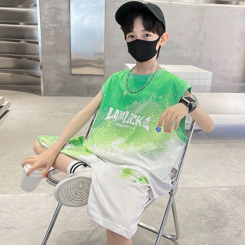 9男童夏装无袖套装2025新款中大童夏季薄款运动背心扎染洋气