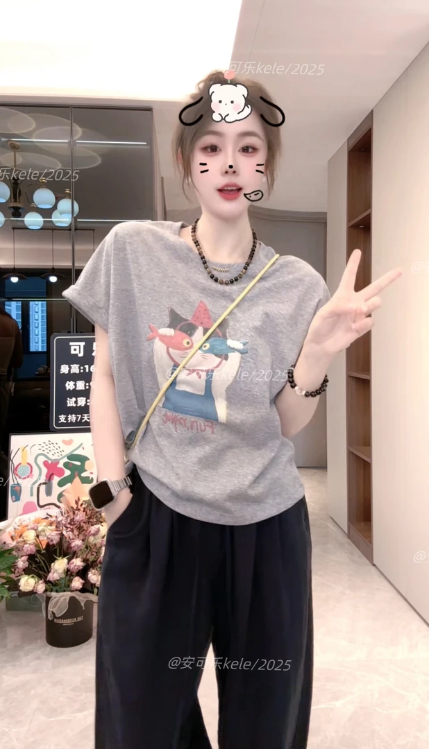 【安可乐】夏季冰凉感超透气雪花棉宽松打褶小猫休闲短袖（877-1）A