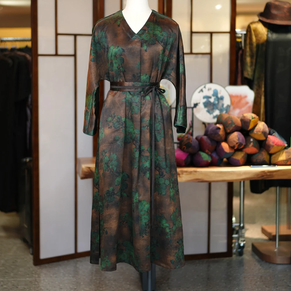 [翠徊]原创款手工香云纱连衣裙女100桑蚕丝长裙高奢气质减龄裙子