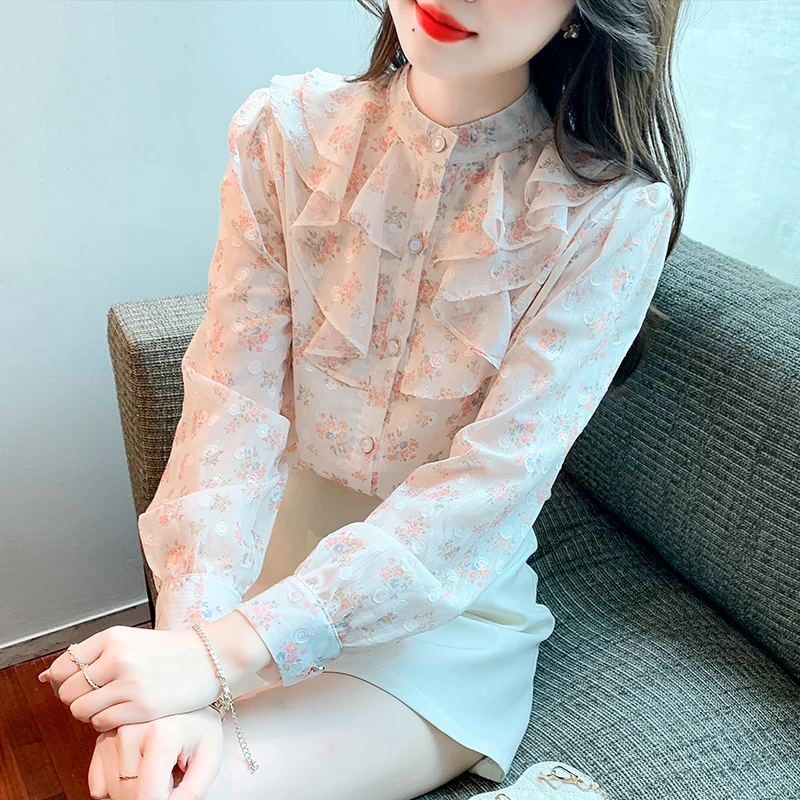 春秋款碎花长袖雪纺衬衫女士2025年新款温柔气质立领洋气打底小衫