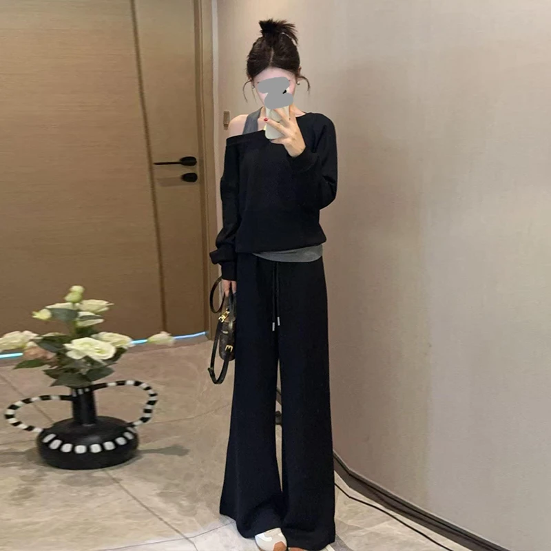 2026年早秋新款斜肩假两件卫衣+休闲阔腿裤套装女轻熟风两件套潮