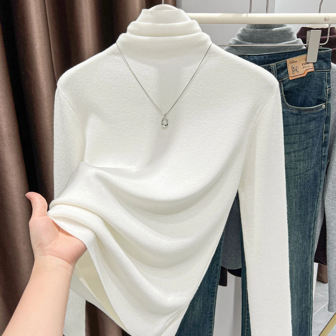 白色气质堆堆领打底针织衫女秋冬新款长袖内搭正肩T恤舒适薄上衣