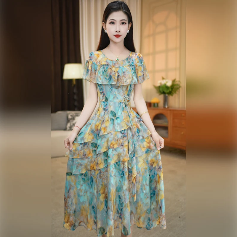 赛菲雅绿色碎花连衣裙女2025新款夏修身显瘦高级感御姐范a字裙潮