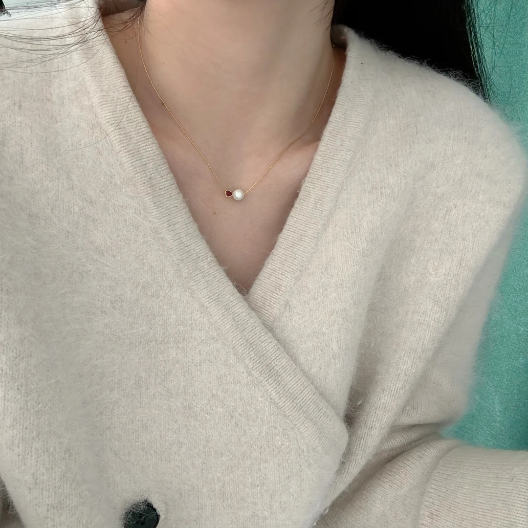 钛钢项链 8694双坠红色爱心珠珠简约不掉色百搭小众ins毛衣链轻奢