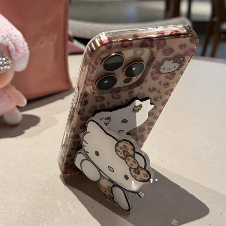 甜酷个性豹纹kitty镜面支架适用苹果16promax手机壳15保护套14/13