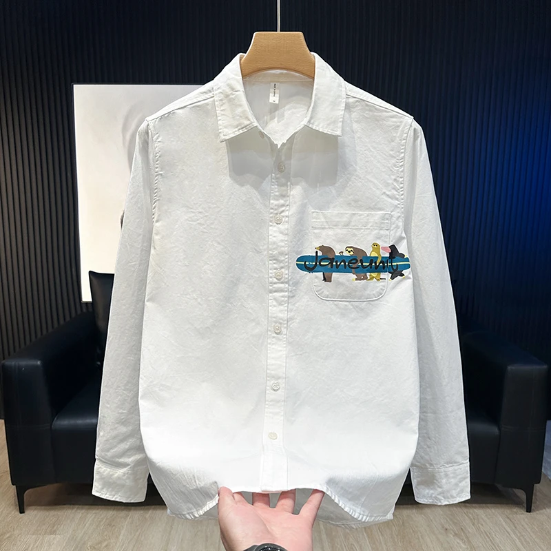 春秋季新款卡通印花长袖衬衫男宽松休闲潮流日系百搭男装衬衣外套