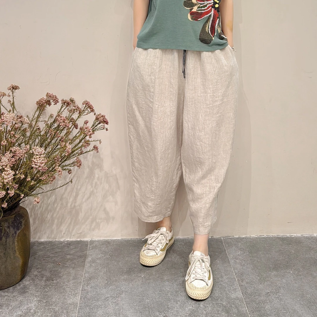 喜悦出品｜惠兰｜双色腰设计款亚麻宽松休闲女款裤子透气显瘦