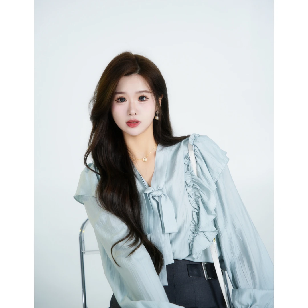 QC李潇洒【南方蒂斯】微胖大码法式褶皱荷叶系带衬衫