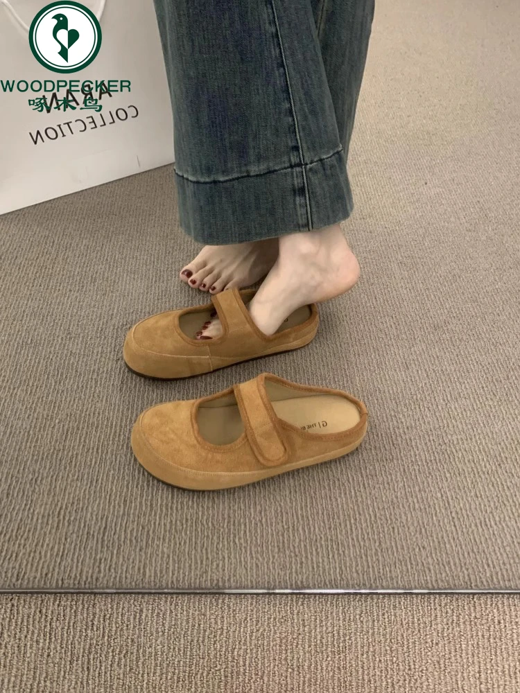 啄木鸟复古森系文艺风魔术贴玛丽珍鞋包头半拖鞋女外穿单鞋勃肯鞋