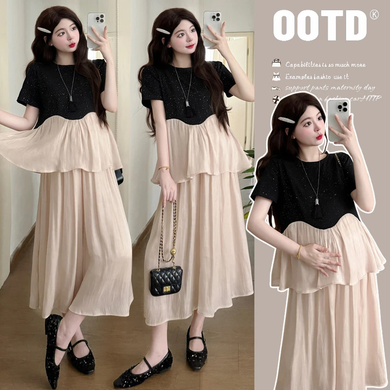 新款2025法式轻奢气质洋气时尚高级感细闪拼接孕妇装阔腿裤两件套