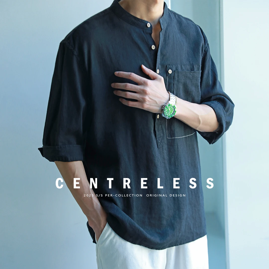 纯亚麻七分袖衬衫男2025夏季新款中式立领半开襟衬衣个性辑明线