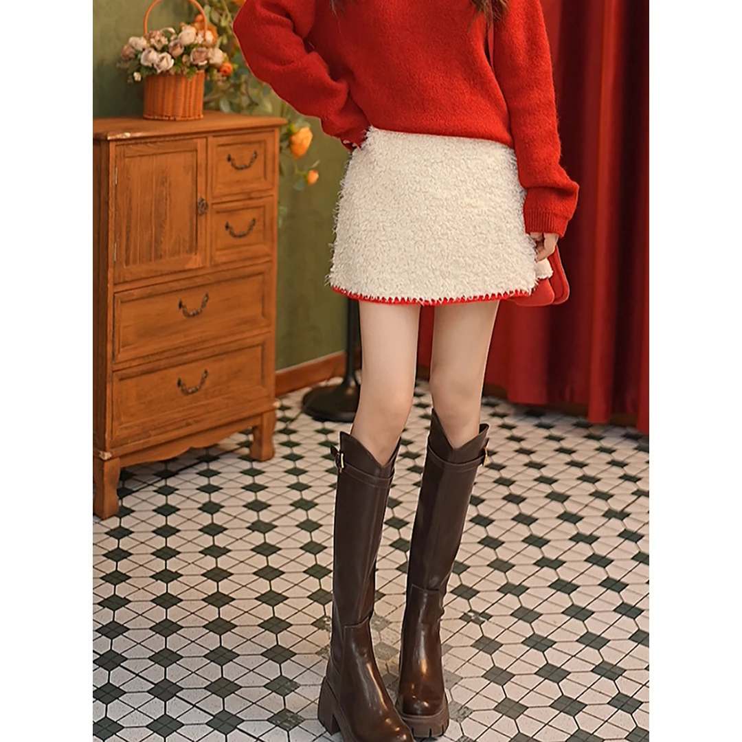 DaYuanSAD张嘉圆半身裙毛绒撞色边a字短裙高腰显瘦半身裙#S15158