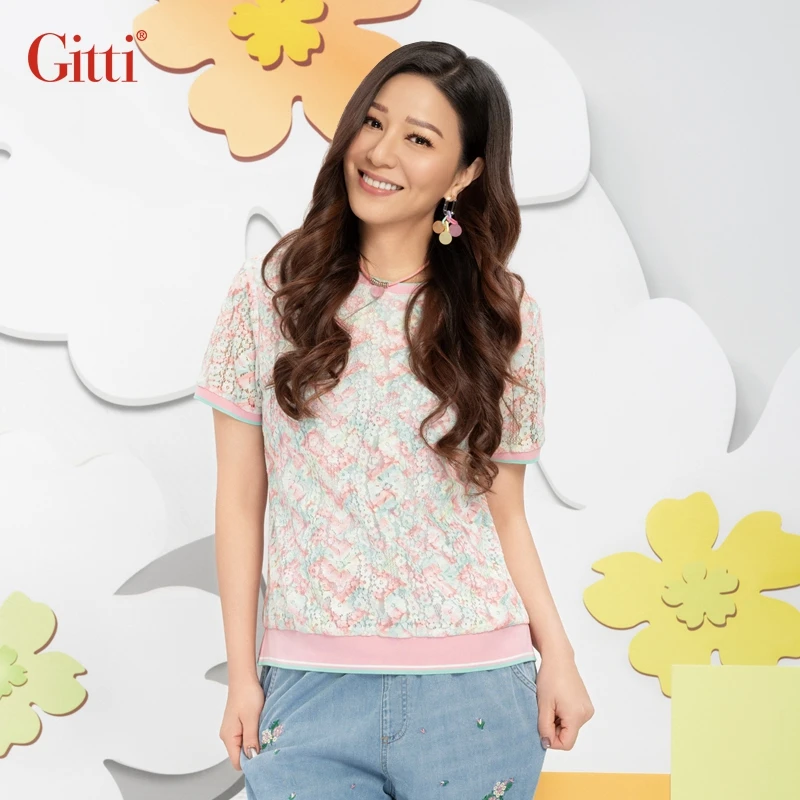 Gitti/吉蒂优雅甜美蕾丝衫女螺纹拼接棉短袖上衣G251203