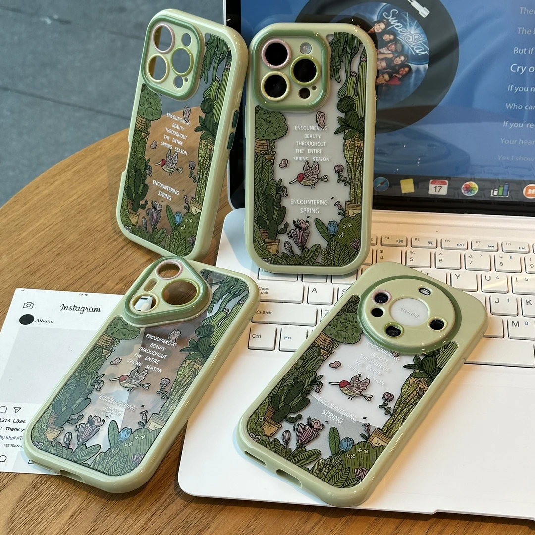 夕与空绿色森林小鸟适用苹果16promax手机壳华为P70vivo小米oppo