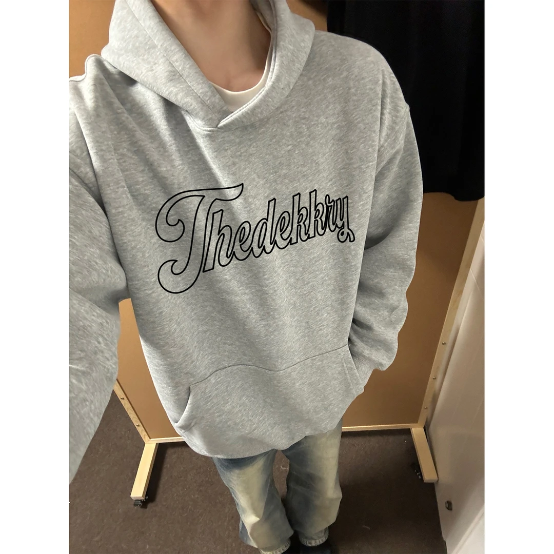 美式创意线条字母印花宽松连帽卫衣男女秋冬季个性休闲情侣款上衣