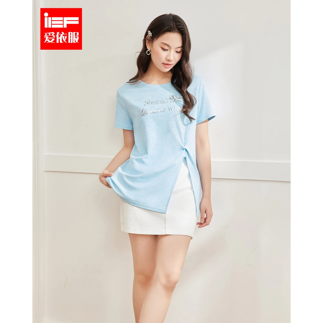 IEF/爱依服大码女装上衣2025夏季显瘦百搭字母韩版抽褶显瘦中T恤