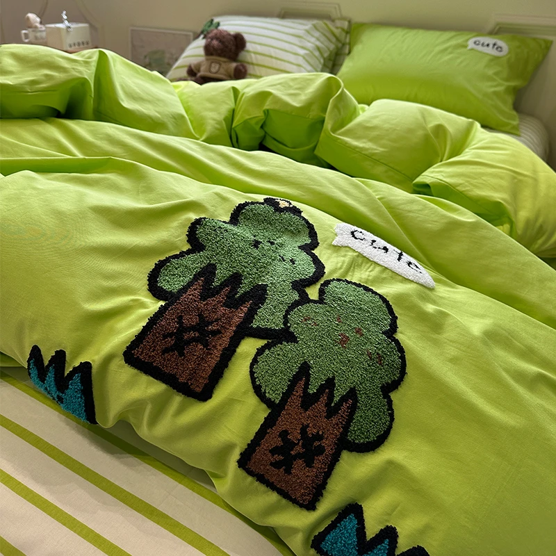 A类母婴级森系毛巾绣床上四件套纯棉100%全棉床品床单被套罩床笠