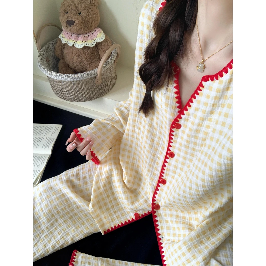 韩系少女撞色格纹睡衣女春秋季2025新款长袖长裤家居服套装可外穿