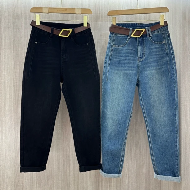 大码显瘦弹力牛仔切胯老爹裤小个子高个子软牛仔春季新款韩版高腰