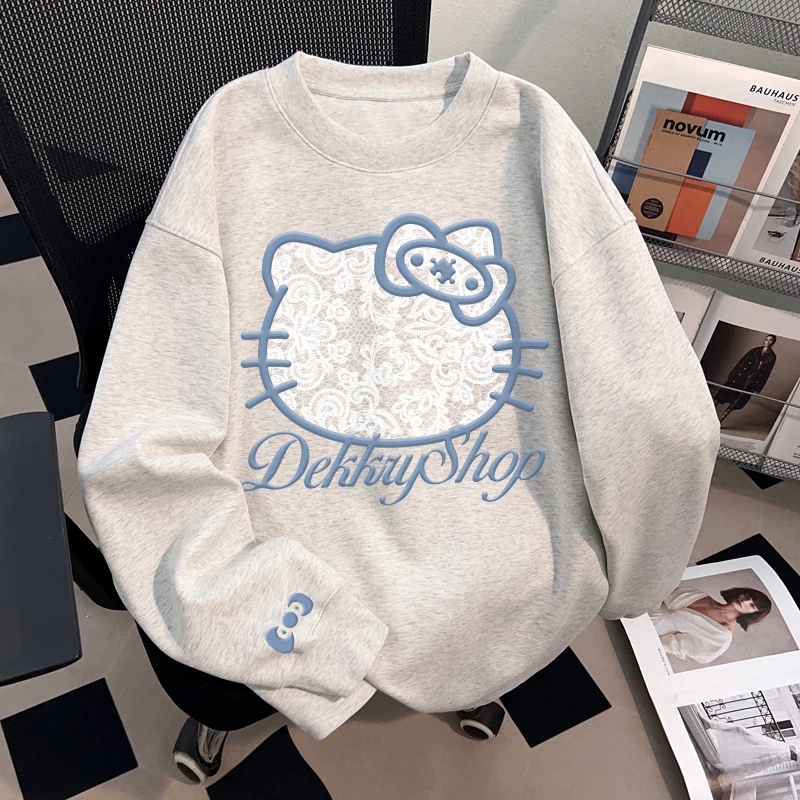 Dekkry潮流创意蕾丝猫咪印花纯棉长袖t恤男女款秋冬百搭圆领上衣